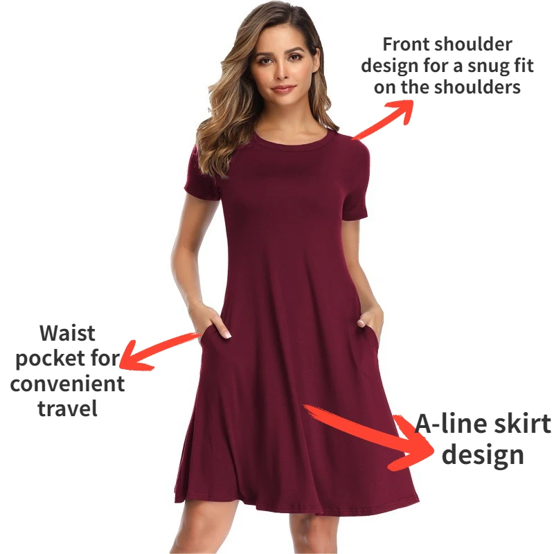 Womens Autumn Long Sleeve Round Neck Plain T-Shirt Dress Solid Color Pleated Swing Casual Loose Pullover Streetwear with Pockets - Image 3