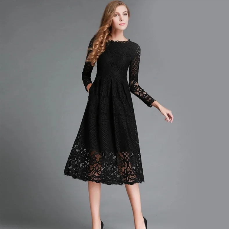 2024 European And American Autumn New Solid Color Women's Dress Round Neck Hollow Simple Lace Long Sleeve Slim Midi Dress - Image 2