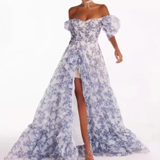 Floral Fragmented Sexy Long Evening Dress Women's Elegant Dresses 2024 Summer Polyester Front Slit Floor-Length Prom Dresses