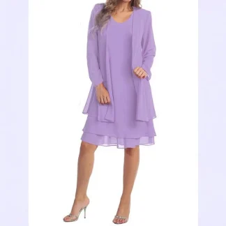 Spring 2025 New Women's Chiffon Splicing Long Sleeve plus Size Midi Two-Piece Set Dress Pearl Chiffon with Matte Gold Trim