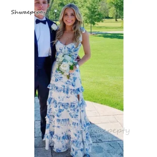 Straps Blue Floral Print Ruffles Prom Dress Side Slit Long Chic Special Occasion Party Gown Customized 2025 Ivory Birthday Dress