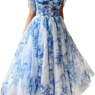 Women’s Floral Print Tulle Prom Dresses Tea Length Corset A Line Fairy Formal Evening Party Gowns Formal Dress Women Elegant