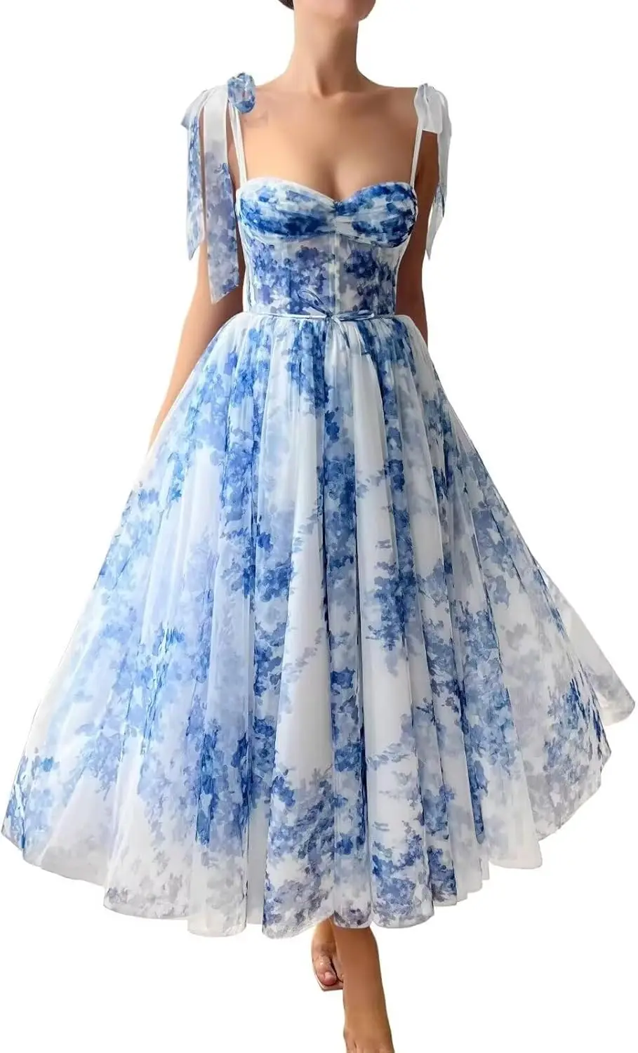 Women’s Floral Print Tulle Prom Dresses Tea Length Corset A Line Fairy Formal Evening Party Gowns Formal Dress Women Elegant
