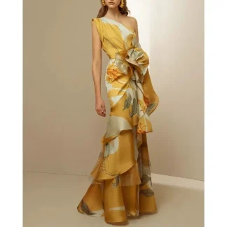 Summer New French Retro High Millet Temperament Waist-Controlled Casual Printing Sloping Shoulder Dress