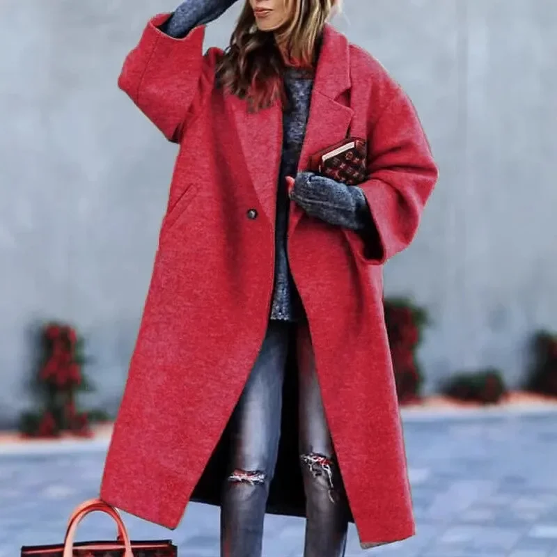 Spring Hot Sale Of The Season Women's Casual Long Pure Color Warm Woolen Coat Durable Polyester Fiber V-Neck Full Sleeve Geometr - Image 5