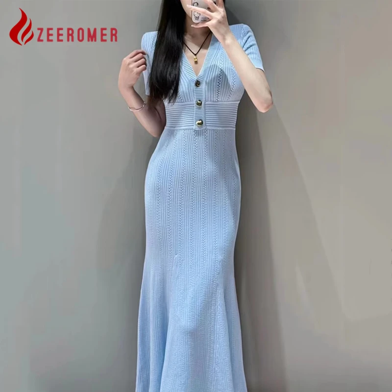 2025 Women Temperament Red Slim Knitt Fishtail Dress French High-Quality V-Neck Short-Sleeve Solid Pit Stripe Robe Evening Dress
