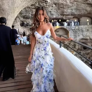 Fmxires Summer New 2025 Women Sexy V Neck Backless Flower Chiffon Maxi Gowns Dress Split Celebrity Cut Out Beach Maxi Dress