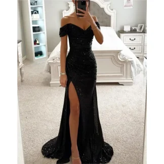 Women's Sexy Party Maxi Dress Summer New Sequined One-line Collar Slit Casual Fashion Prom Eveging Dresses For Women Robe Femme