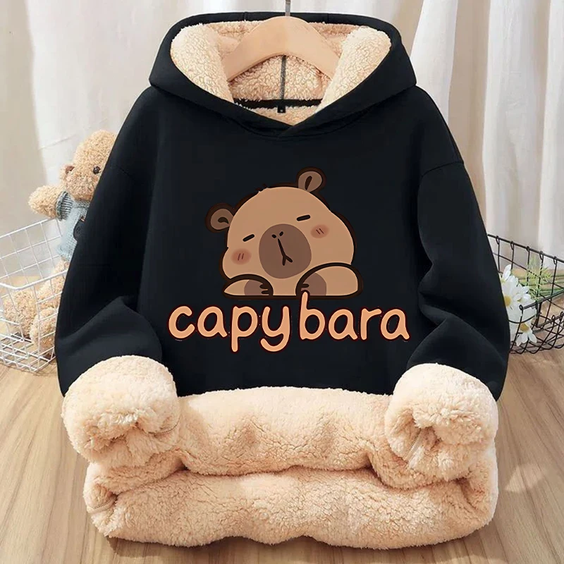 Kawaii Capybara Children's Clothing Lamb Wool Pullover Hoodies Boys Girls Winter Warm Thick Long Sleeved Sweatshirt Anime Gifts - Image 5