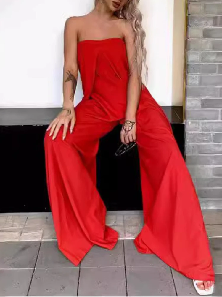 Spring/Summer 2025 New Arrivals Solid Color Strapless Wide Leg Office Lady Fashionable Elegant Full Length Women Jumpsuit - Image 4