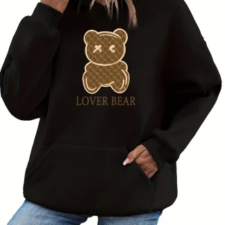 Women's autumn and winter warm and loose casual cartoon bear pattern printed velvet long sleeved hooded sweatshirt