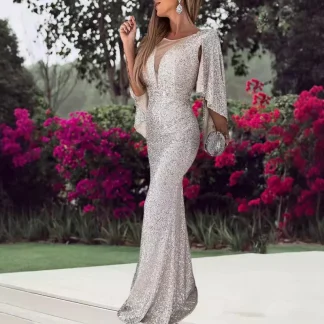 gala Cross-Border New Arrival Silver Fishtail Female Banquet Temperament Sexy Socialite Host Aura Queen Sequin Formal Dress