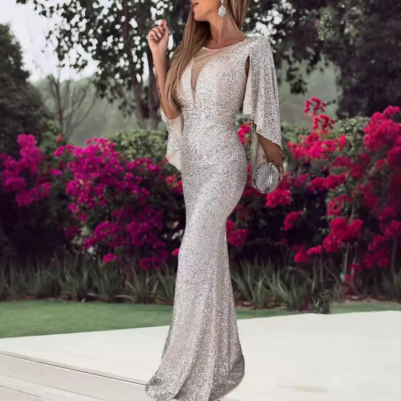 gala Cross-Border New Arrival Silver Fishtail Female Banquet Temperament Sexy Socialite Host Aura Queen Sequin Formal Dress
