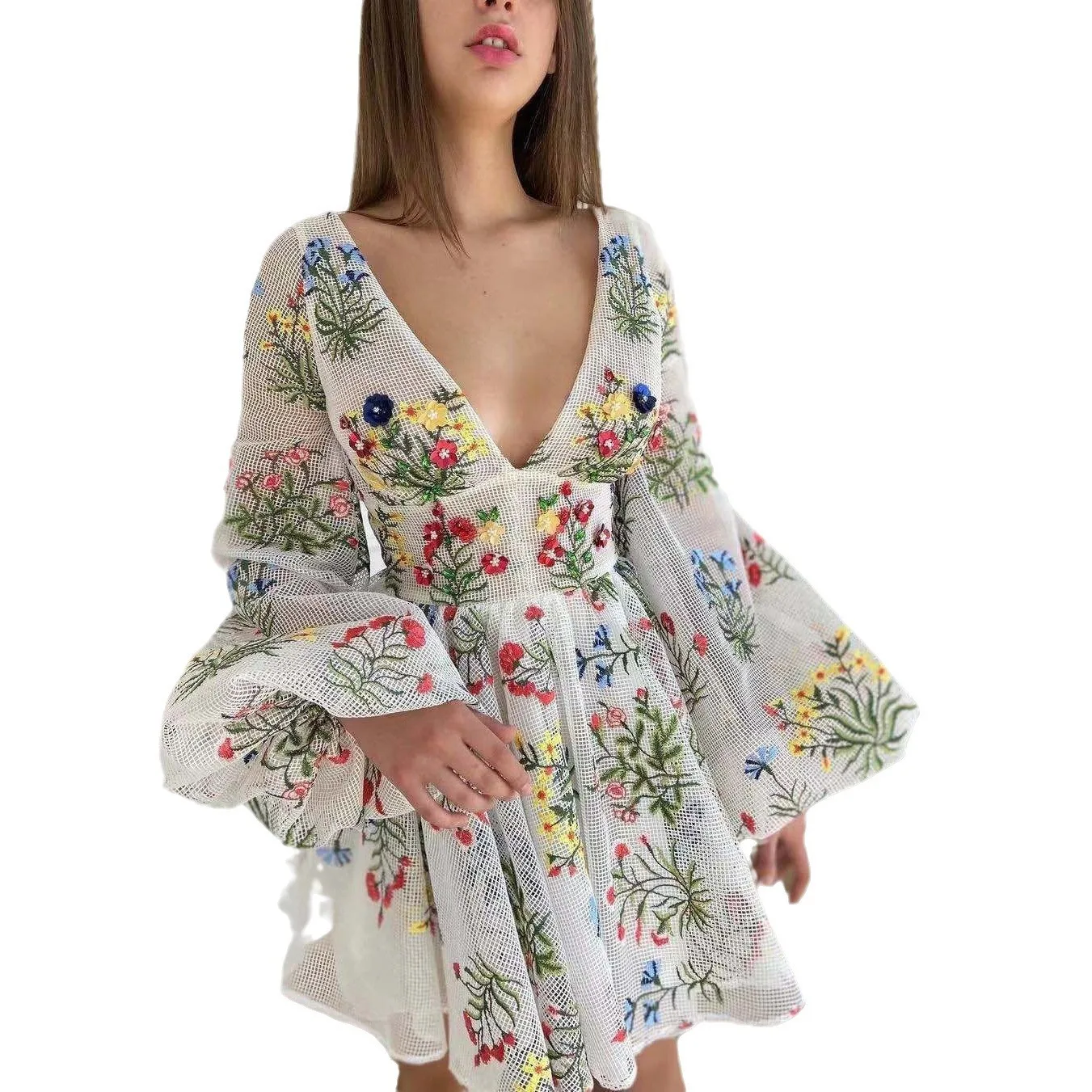 2025 Summer New Women's Mesh Embroidered Design Lantern Sleeve Fairy Birthday Party Dress - Image 5