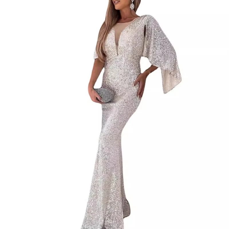 gala Cross-Border New Arrival Silver Fishtail Female Banquet Temperament Sexy Socialite Host Aura Queen Sequin Formal Dress - Image 5