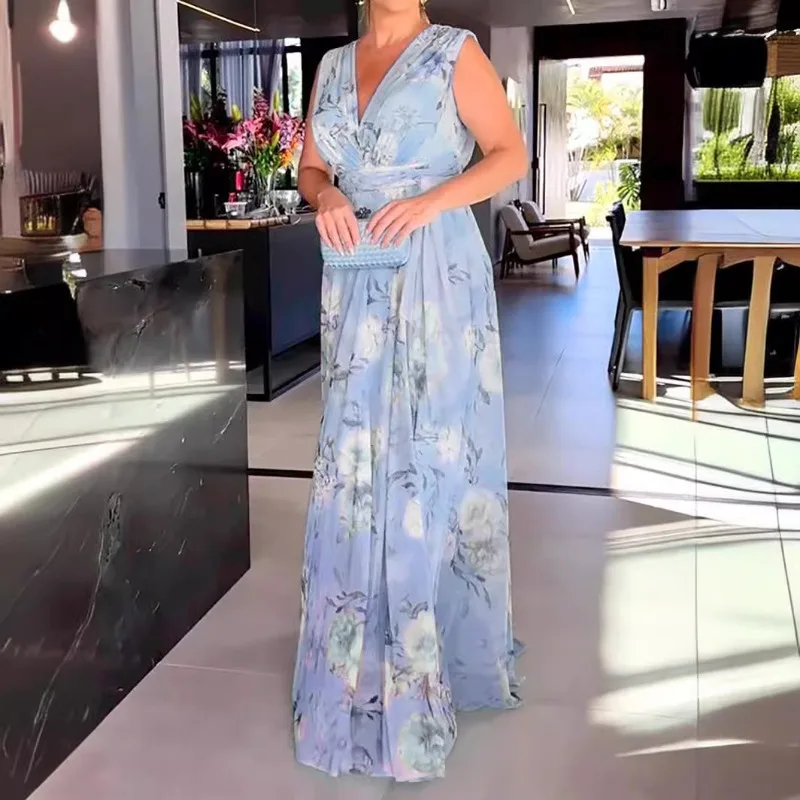 Spring Summer New Women's Clothing V-neck Sleeveless Printed Backless Large Swing Dress Hihg Waist Loose Dress - Image 2