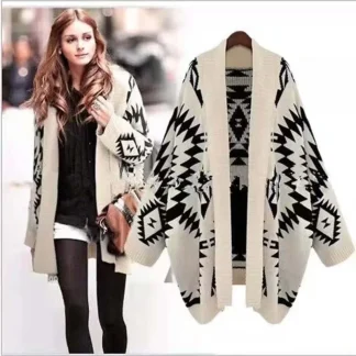 Loose Batwing Sleeve Knitted Open Cardigan Sweater Geometric Diamond Pattern Korean Style Spring Autumn New Arrival Uniform Size