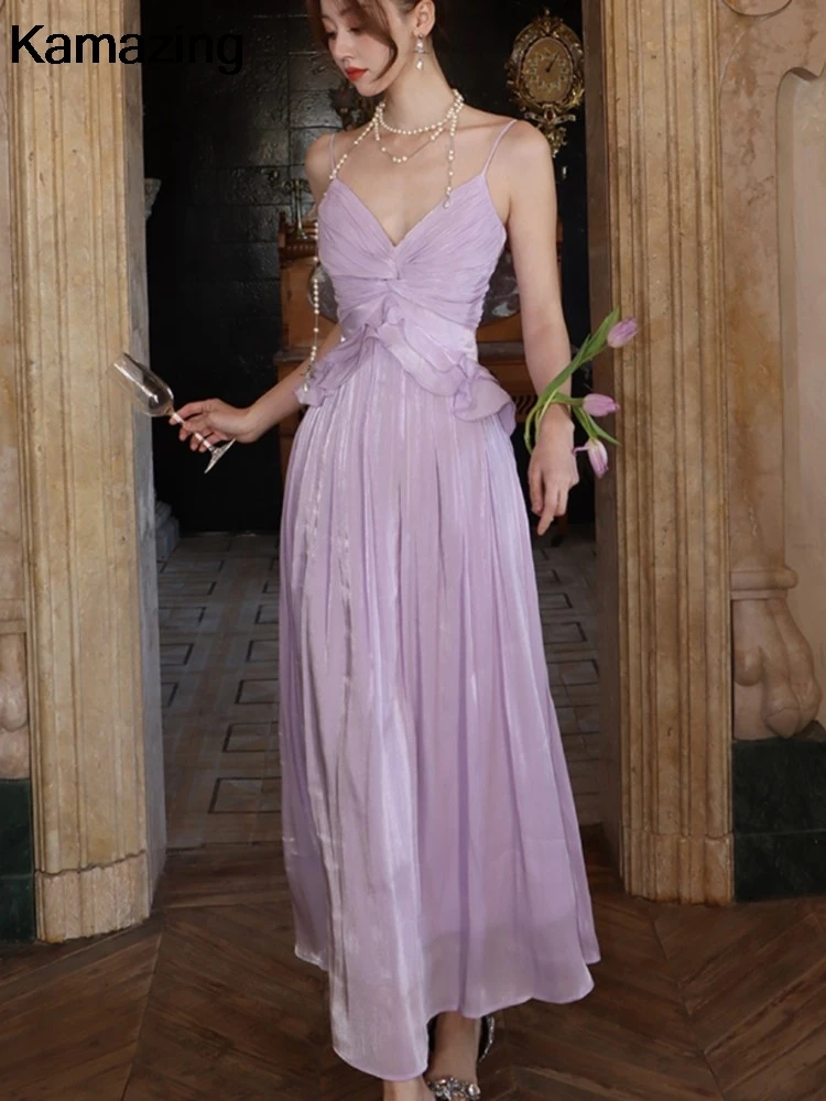 French Style Backless Womens Dresses Sexy Spaghetti Strap V-neck Sleeveless Lace-up Evening Party Dress A-line Vestidos New Robe