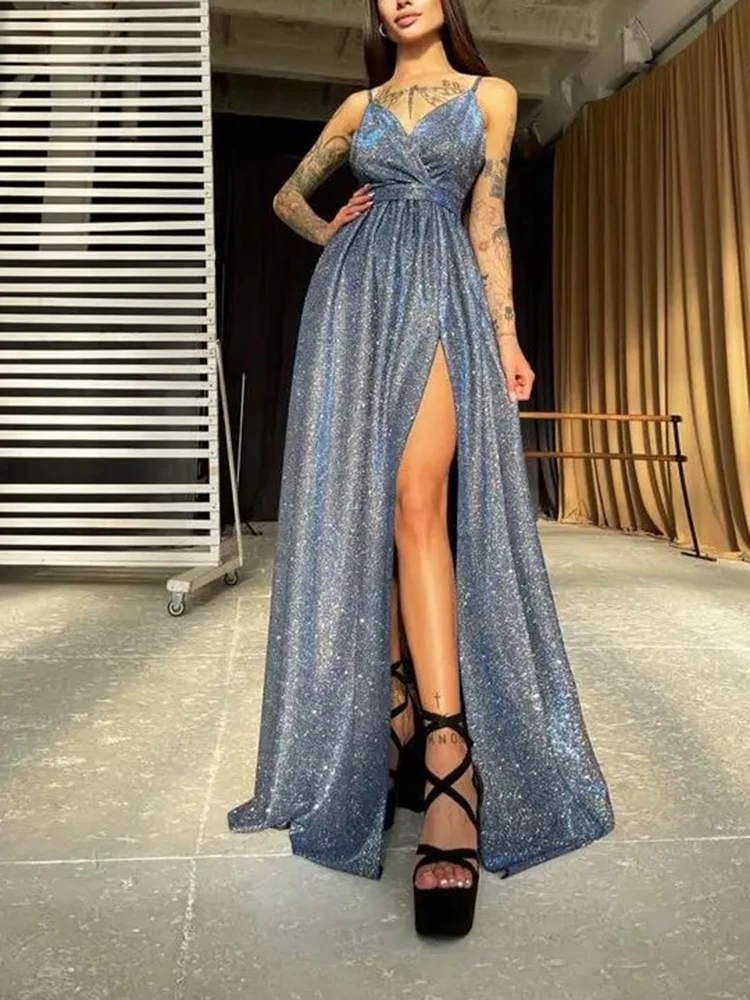 Fashion V Neck Backless Sequin Strap Dresses Spring Women Sleeveless Camisole Dress Summer High Waist Zipper Split Long Dress - Image 6