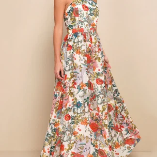 Off Shoulder Printing Big Swing Dresses Spring Women Sleeveless Halter Long Dress Summer High Waist Backless Neck Mounted Dress