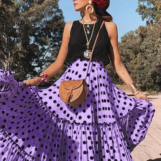 Spring Summer New High Waist Polka Dot Printed Long Skirt Beach Big Hem Boho Skirt Elegant Loose Ruffled Pleated Skirt Female - Image 2