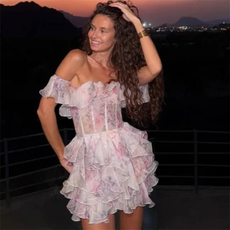 Printed Ruffled Short Mini Dress Women Sweet Off Shoulder Slim Fit Waist Cinching Fluffy Short Dresses 2025 New Summer Vestidos