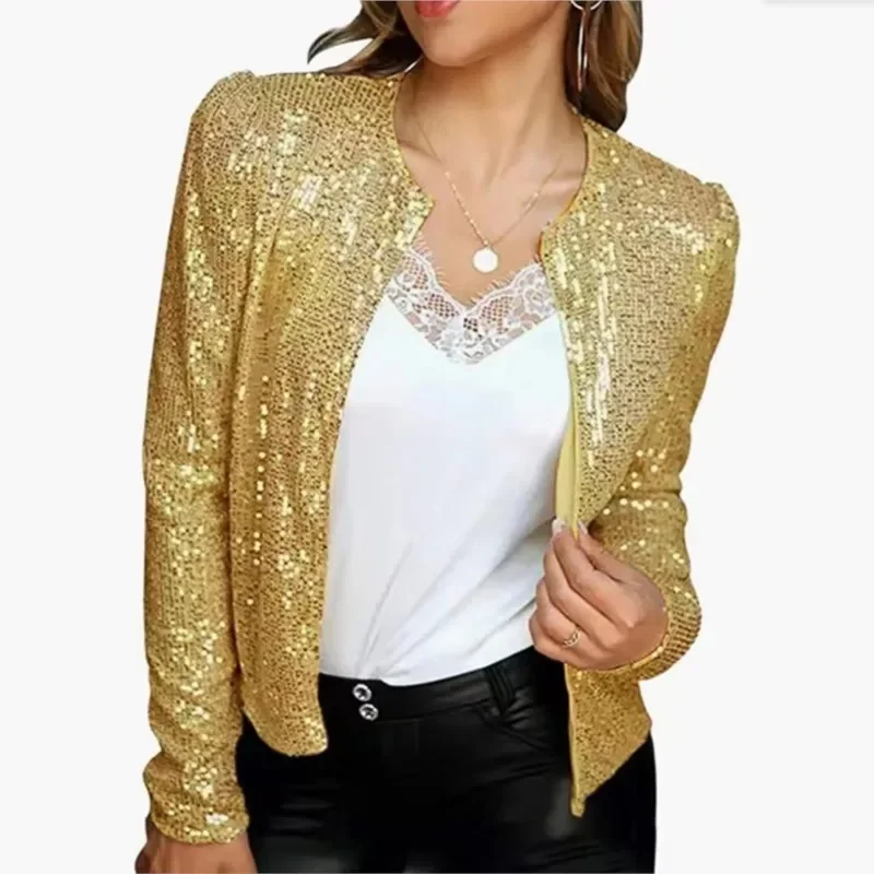Elegant Chic Blazer Shining Sequins Short Coat New Fashion Long O-neck Cardigan Jacket Open Front Outwear Female Clothing - Image 5
