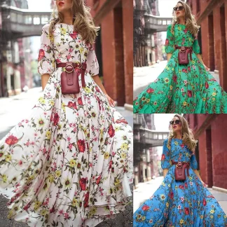 Dress Women spring/autumn Fashion Floral Printing Half Lantern Sleeve O-neck Dresses Casual Vestidos Dropshipping AFYFY1983108
