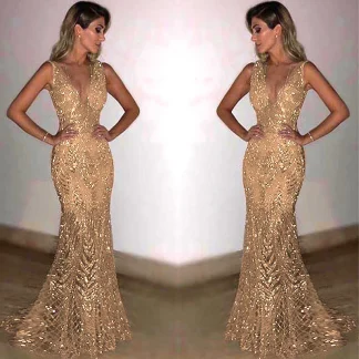 Shiny Sequin V Neck Maxi Dresses Women Elegant Slimming Backless Short Sleeved Long Dress Lady Gold Silver Party Evening Robes