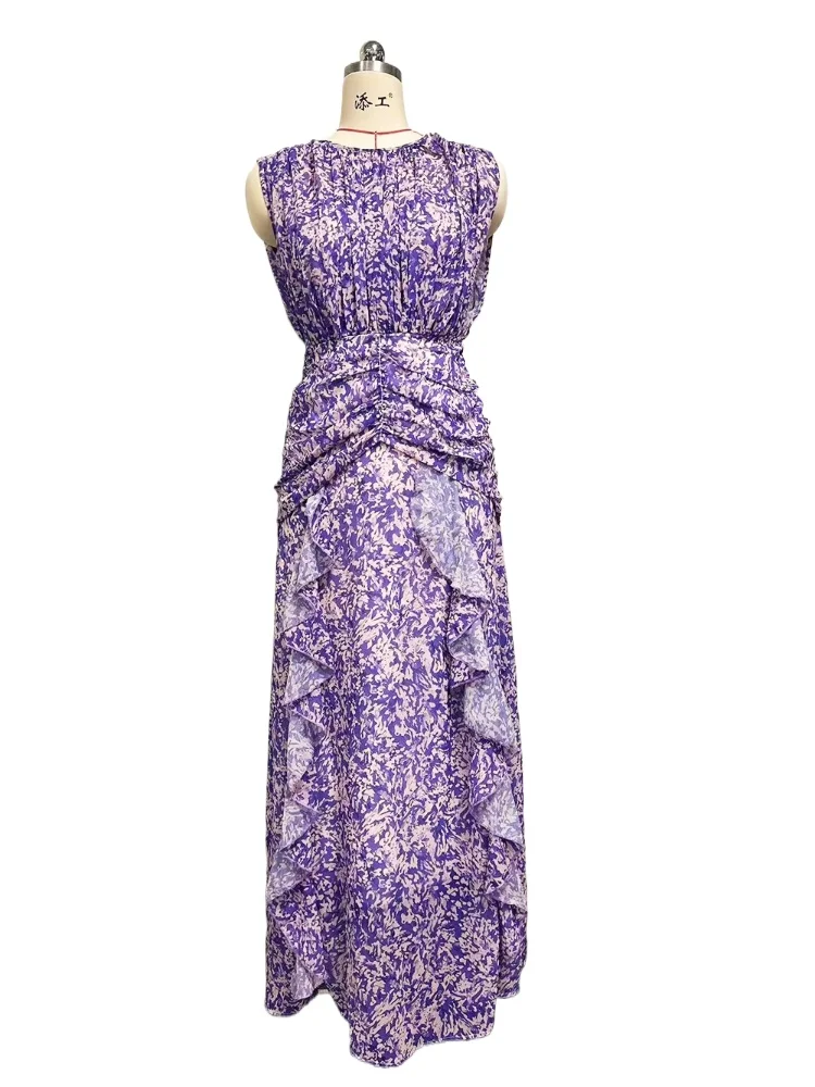 Elegant Print Flowers Tiers Ruffles Long Purple Dress - Image 2
