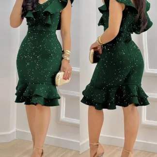 2025 New Women Elegant Solid Color Ruffle Design Party V-neck Balck Evening Birthday Dress for Women