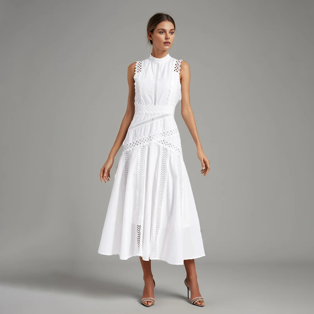 Solid Hollow Out Casual Dresses For Women Stand Collar Sleeveless High Waist Minimalist A Line Dress Female Style