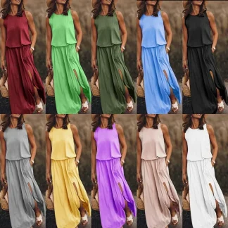2024 Spring Summer New European American Trade Women's Clothing Round Neck Sleeveless Dress Side Slit Color Commuting Dress