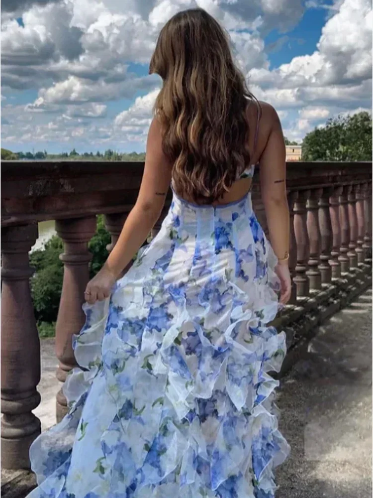 Pink Floral Print Spaghetti Strap Ruffled Hem Maxi Dress Women V-neck Robe 2025 New Summer Party Leisure Event Lady Vestidos - Image 2