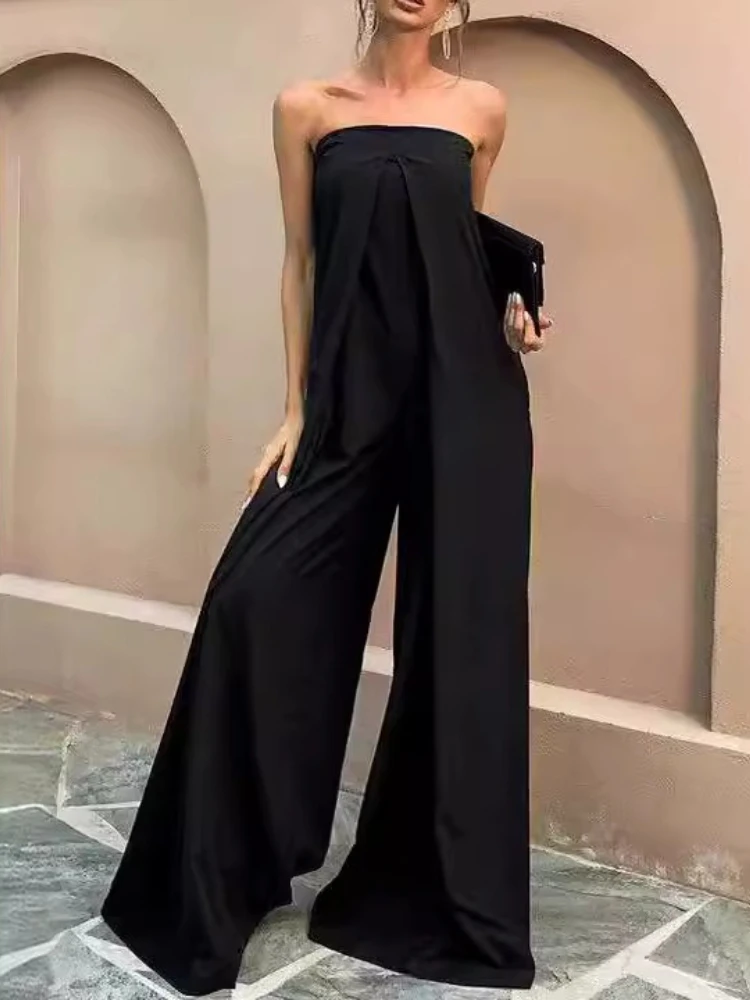 Spring/Summer 2025 New Arrivals Solid Color Strapless Wide Leg Office Lady Fashionable Elegant Full Length Women Jumpsuit