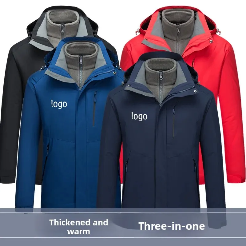 Outdoor Thicken Three-in-One Autumn Winter Men's Jacket Waterproof Windproof Removable Hood Custom Logo Brand Skin Clothes