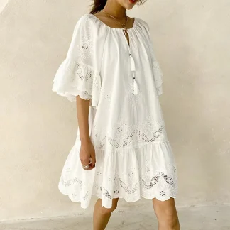 White Mini Dress Women Boho Beach Dress Ladies Summer Lace Hollow Out Dress Female Loose Elegant Lace Up Vestido Mujer