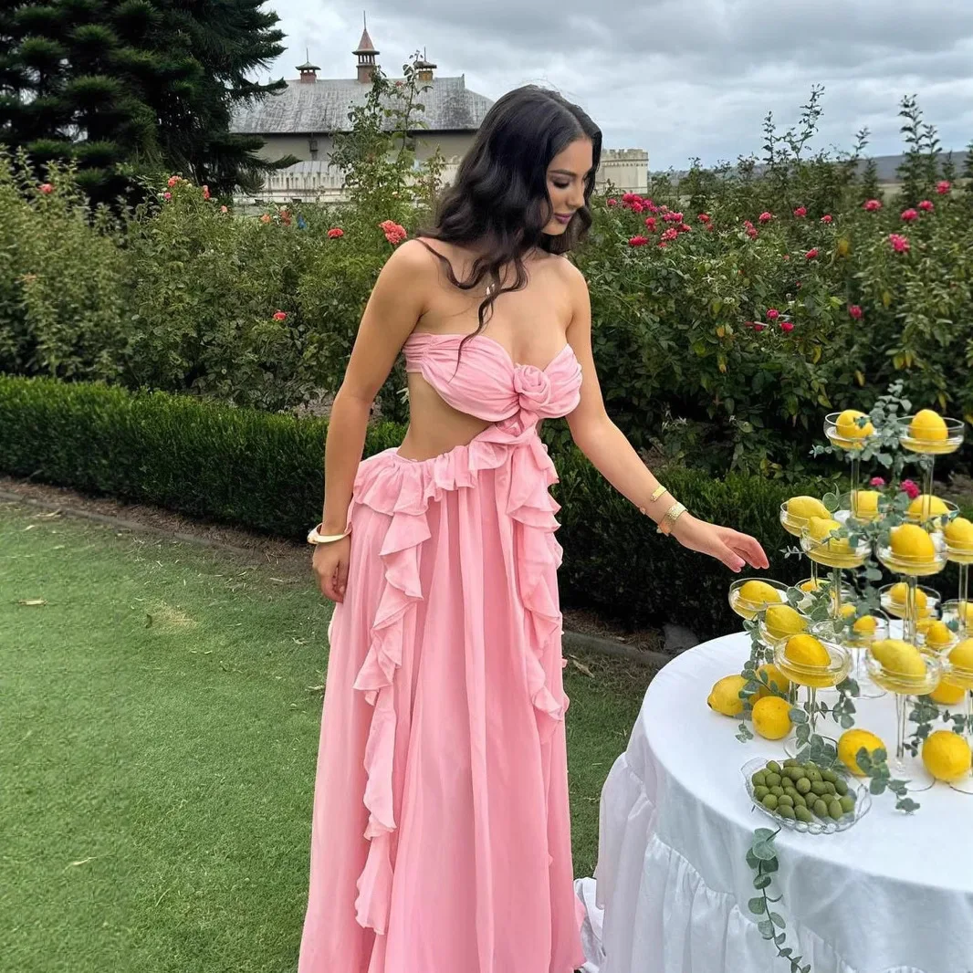 2025 Summer Women's Niche INS Splicing Ruffle Edge Strapless Vacation Long Chiffon Fairy Dress Dress - Image 2