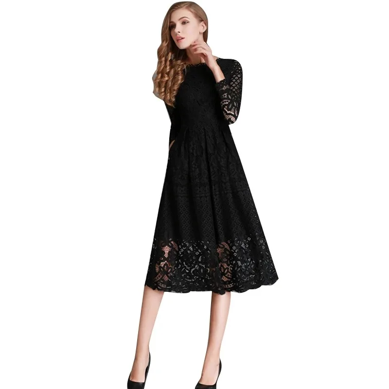 2024 European And American Autumn New Solid Color Women's Dress Round Neck Hollow Simple Lace Long Sleeve Slim Midi Dress - Image 5
