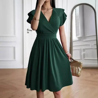 Elegant Solid Office Lady Dress Women V Neck Flying Sleeve Slim High Waist Ruched Party Cocktail Work Midi Dress Vintage Vestido