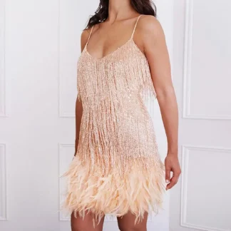 Feather Mini Dress Spaghetti Straps Fringe Bodycon Dress Sexy Sequin Tassel Backless Cocktail Club Party Dress Bohemian Dresses