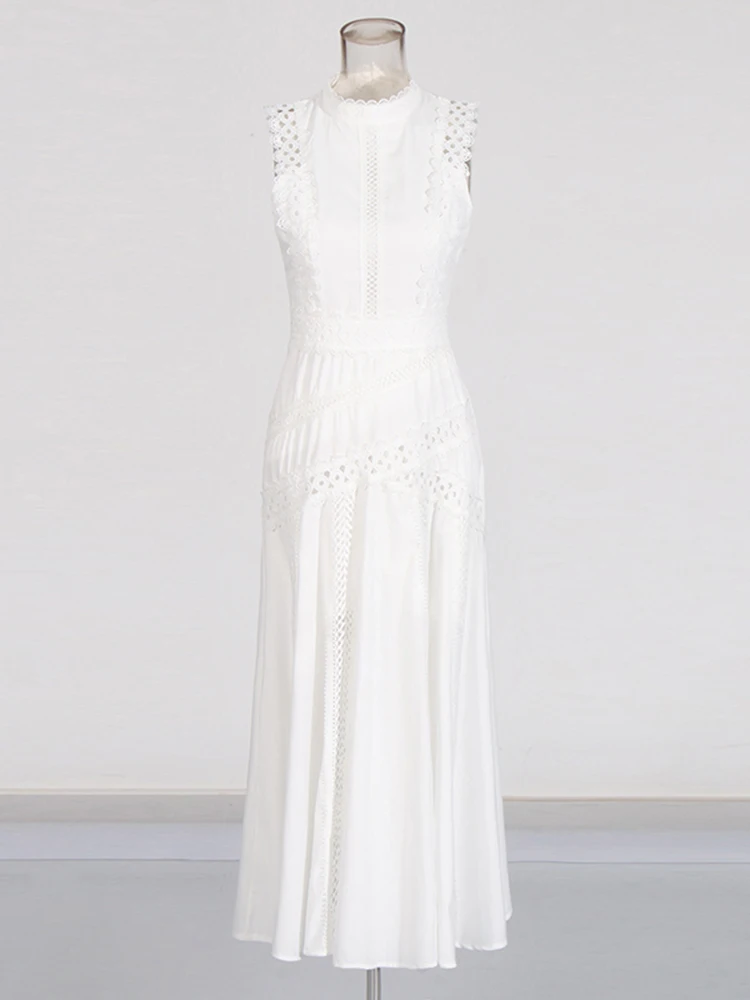 Solid Hollow Out Casual Dresses For Women Stand Collar Sleeveless High Waist Minimalist A Line Dress Female Style - Image 2