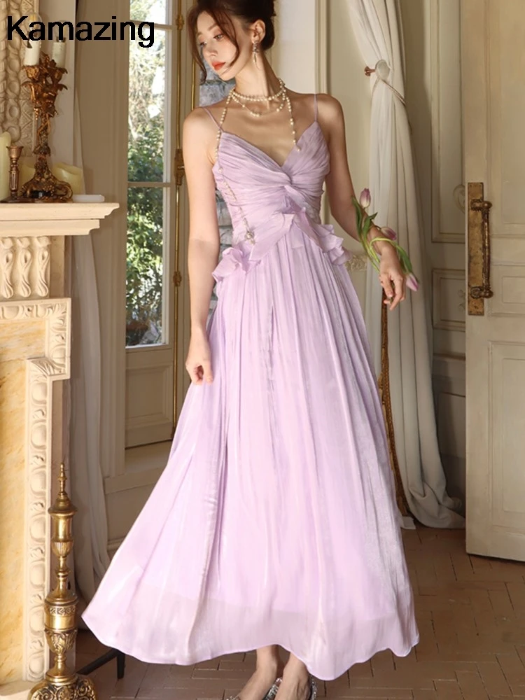 French Style Backless Womens Dresses Sexy Spaghetti Strap V-neck Sleeveless Lace-up Evening Party Dress A-line Vestidos New Robe - Image 3