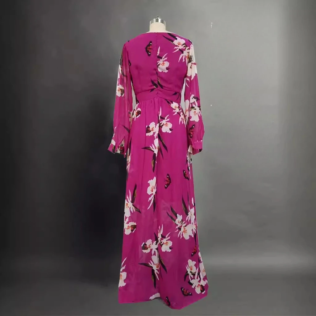 2025 Summer New Women's Fashion Casual Printing V-neck Long-sleeved Big Swing Skirt Temperament Dress Lady - Image 4