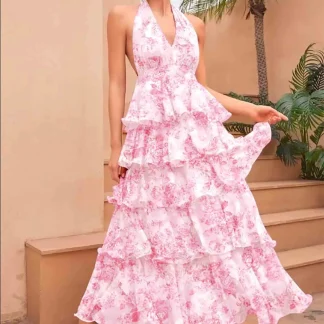 Office Summer Fashionable And Sexy Women's Dress V-neck Spaghetti Strap with Multi-Layer Prints High-waisted Sleeveless dress