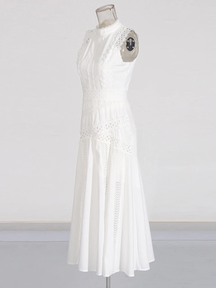 Solid Hollow Out Casual Dresses For Women Stand Collar Sleeveless High Waist Minimalist A Line Dress Female Style - Image 3