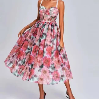 Vintage Elegant Off Shoulder Floral Print Party Dresses Summer Ladies Suspenders Backless Lady Chic Evening Gown Women Clothing