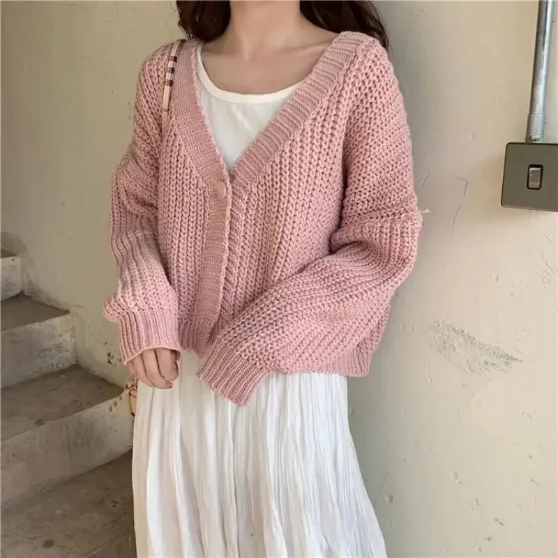 2025 New Sweet Cute Preppy Style Girls' Tops Loose Outer Wear Short Long Sleeve One Button Knitted Cardigan