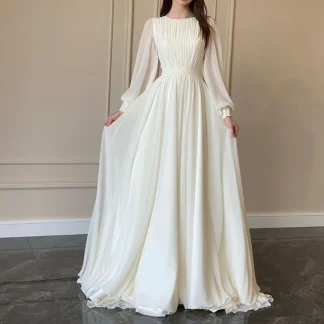 New Spring Fashion Lantern Sleeve O-Neck Solid Color Slim Fit Floor-Length Ball Gown Dress For Women