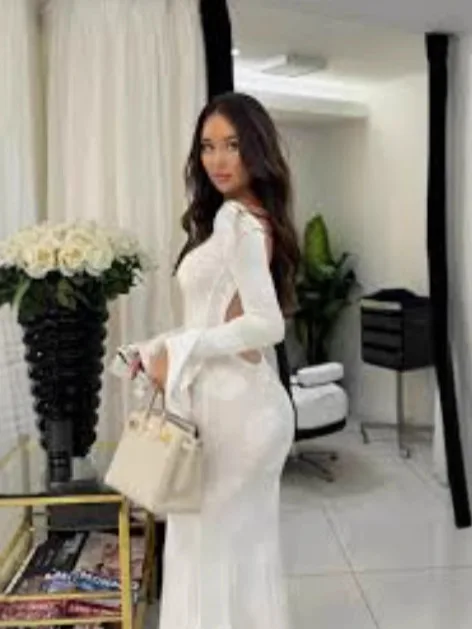 Elegant Long Sleeve Wrap Dress round Neck Bell Sleeve Backless Strap Design Pure Desire Style Cross-Border Women's Fashion Dress - Image 4